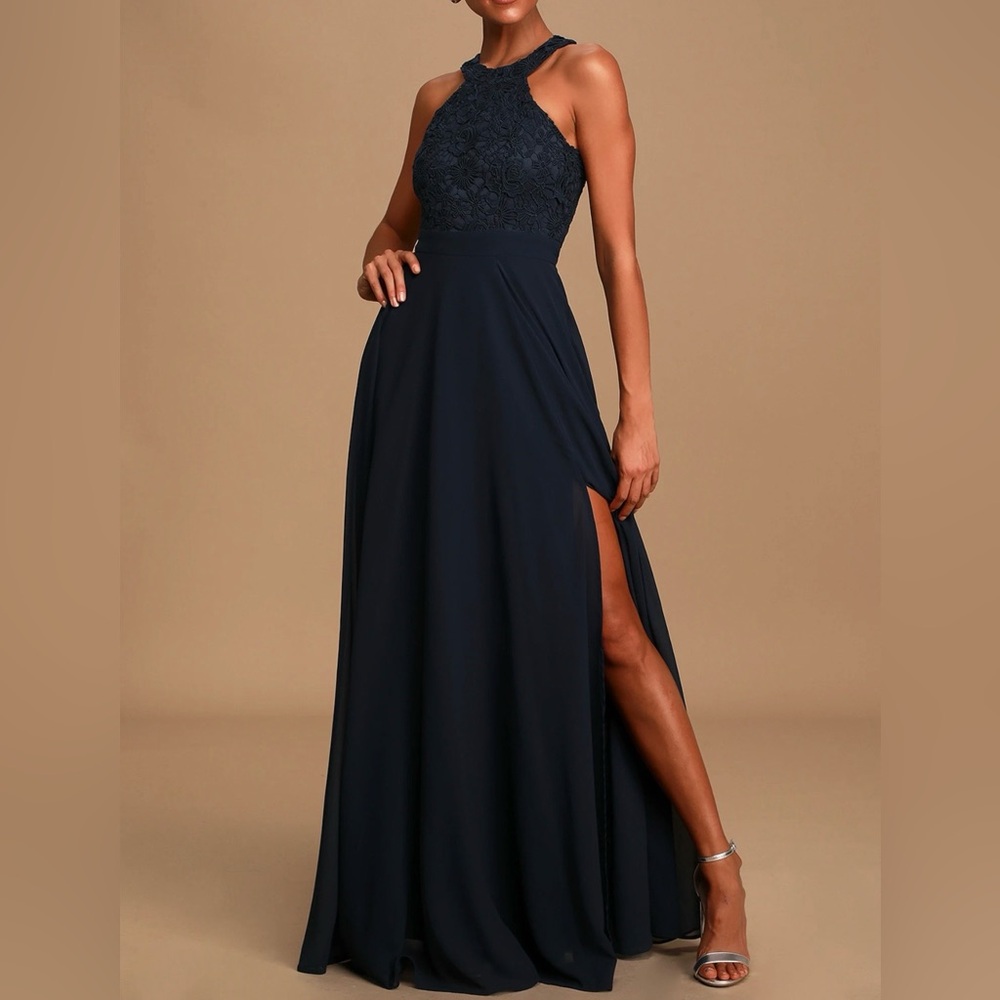 Lulu's Midnight Blue Lace Halter Maxi Dress
